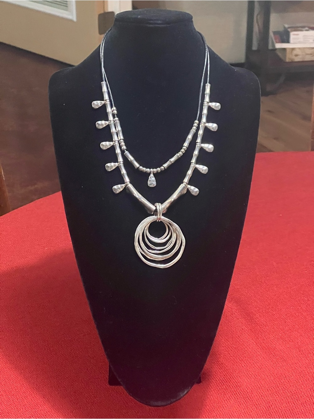 Layered Silver Multi-Ring Pendant Necklace - Women's Jewelry